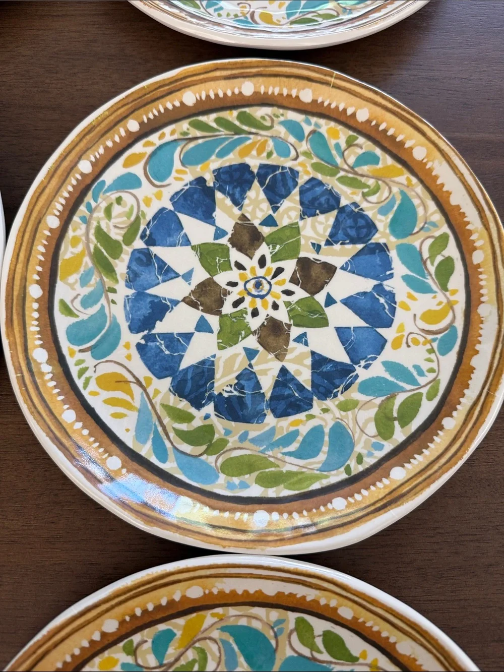 Pottery Barn Melamine Dessert/Salad  Plates in Blue, Green & Gold Set of 6